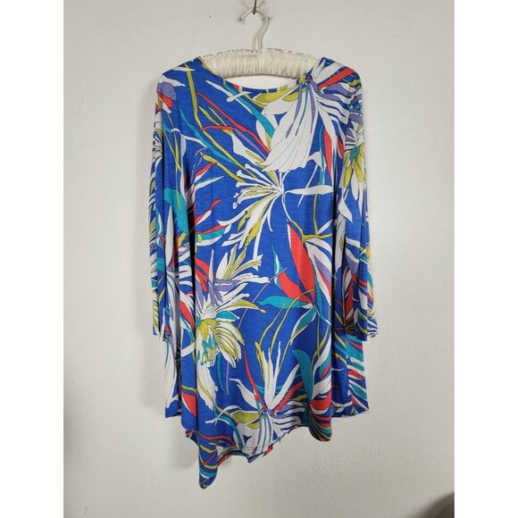 Clara Sunwoo Womens XL Floral Print Asymmetrical Tunic Top Blouse Blue Stretch - Picture 2 of 8